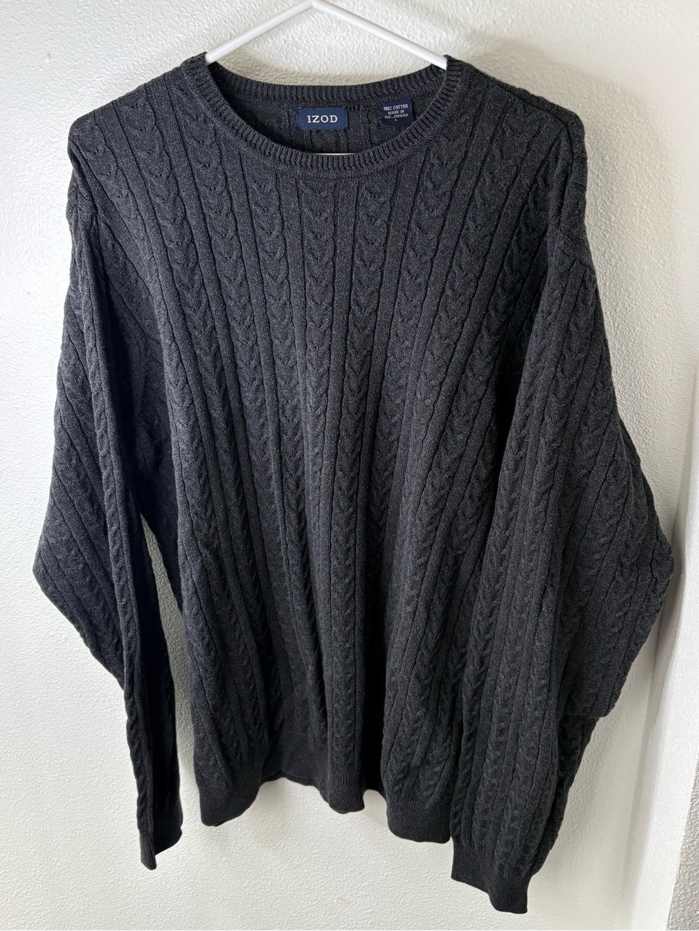 Izod Men's Charcoal Cable Knit Crewneck Sweater - L